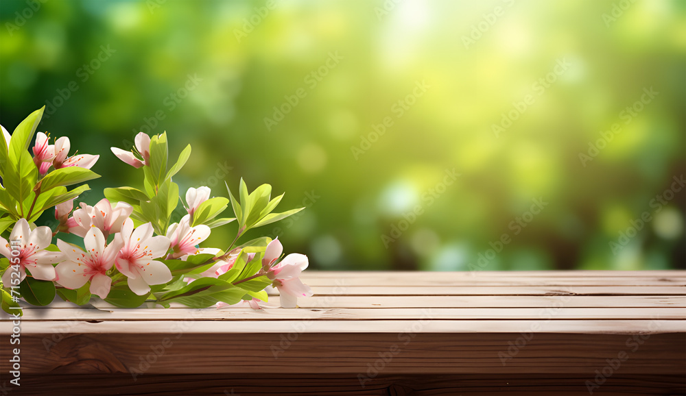 wooden table background with flowers in spring ai generative wooden table background with flowers in spring ai generative