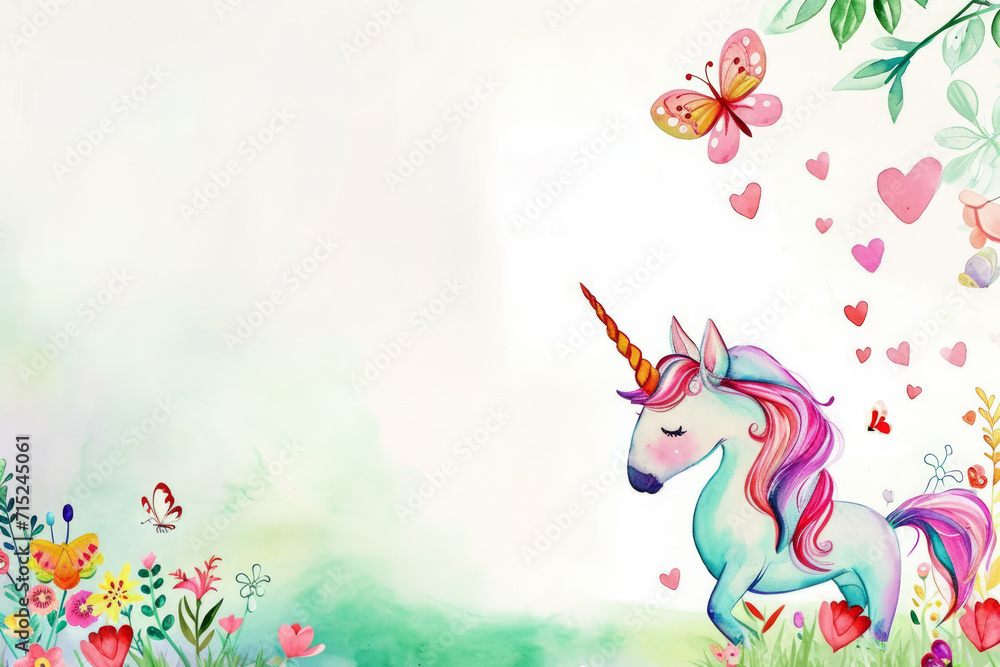 Fototapeta premium Enchanted Whimsy: Watercolor Unicorn and Nature, Copy Space for a Card