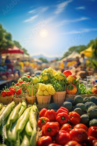 Fresh vegetables are displayed at an outdoor market. Generative AI.