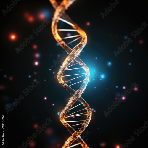 DNA strand on black background with stars. Generative AI.