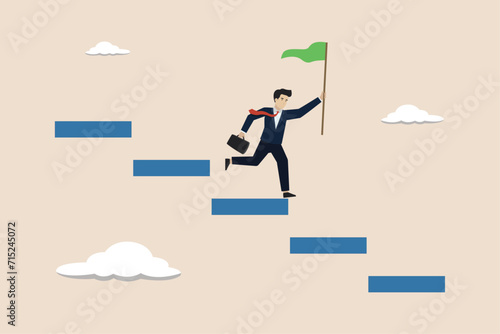 Project management gantt chart, businessman project manager with winning flag jump on project management diagram.