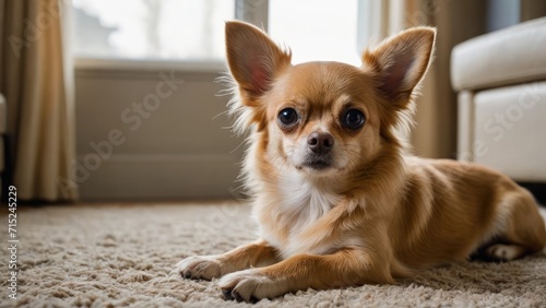 Fawn long coat chihuahua dog laying on the floor indoor