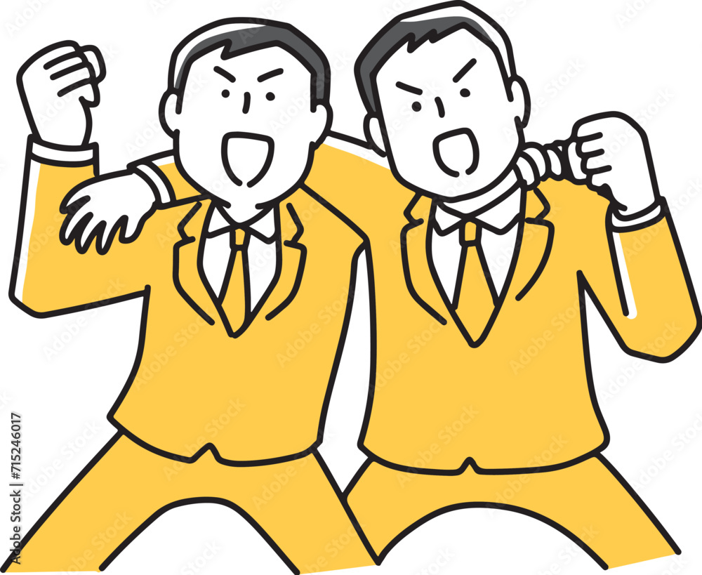 肩を組んで気勢を上げる会社員 肩を組んで気勢を上げる会社員