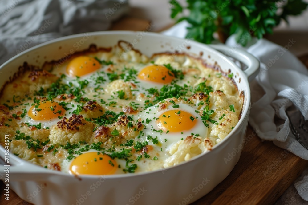 Baked cauliflower with eggs and parmesan.
