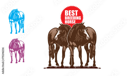 great brown horse logo, silhouette of great mane standing at farm vector illustrations