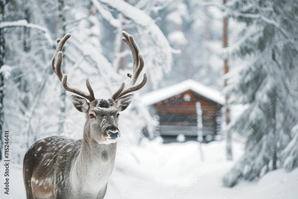 Deer in winter forest against the background of a snow-covered forest hut. Deer in winter forest against the background of a snow-covered forest hut.