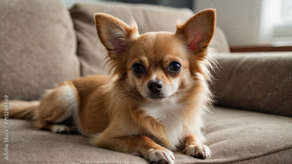Fawn long coat chihuahua dog lying on sofa at home Fawn long coat chihuahua dog lying on sofa at home