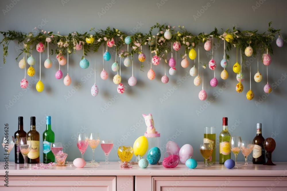 Easter Garland: Hang an Easter garland with colorful shapes and lights as a backdrop for the drinks. - obrazy, fototapety, plakaty 