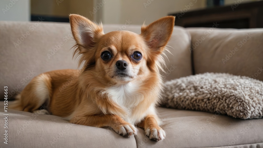 Fawn long coat chihuahua dog lying on sofa at home Fawn long coat chihuahua dog lying on sofa at home