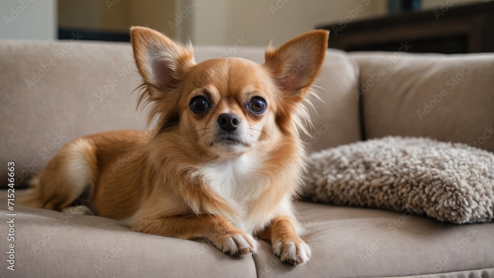 Fawn long coat chihuahua dog lying on sofa at home