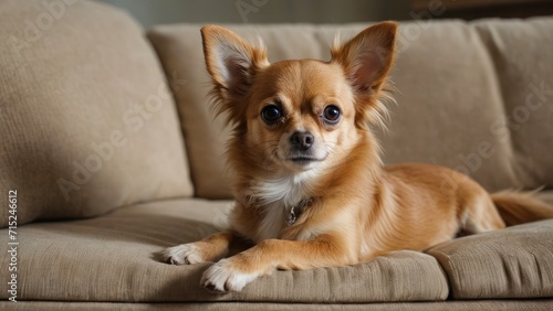 Fawn long coat chihuahua dog lying on sofa at home © QuoDesign