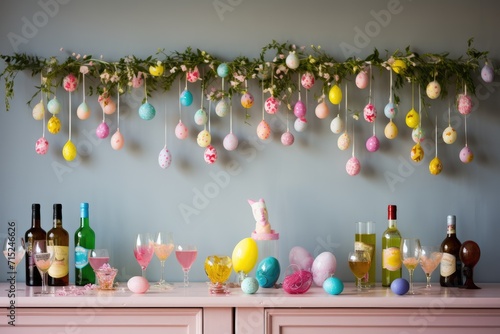 Easter Garland: Hang an Easter garland with colorful shapes and lights as a backdrop for the drinks. photo