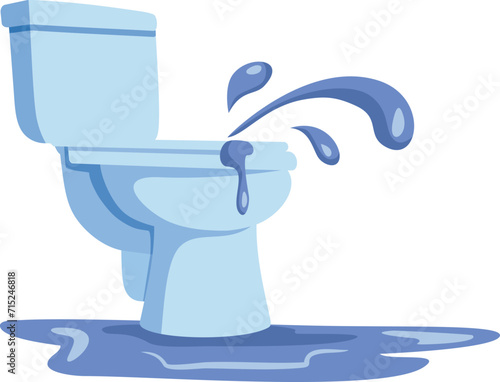 Clogged Toilet with Water Spilling Vector Cartoon Illustration. Broken wc having problems in need of maintenance and repair 
