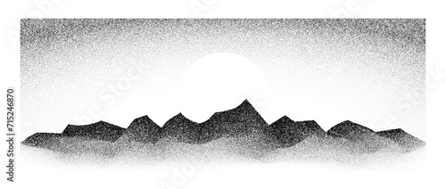 Grain stipple mountain range. Dotted landscape terrain silhouette. Black white grainy hills chain. Grunge noise stochastic background. Pointillism texture wallpaper. Vector dot work style illustration