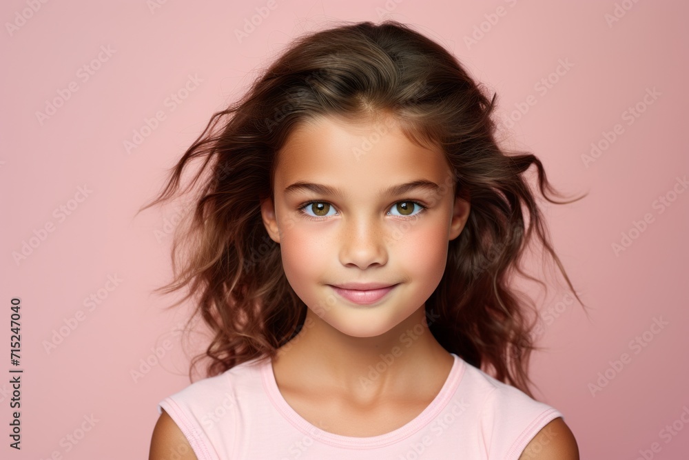 Portrait of a beautiful little girl with long brown hair on a pink background. Portrait of a beautiful little girl with long brown hair on a pink background.