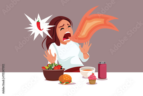 Screaming Woman in Pain Consuming Spicy Foods Vector Illustration. Unhappy customer having a meal that is too piquant 
