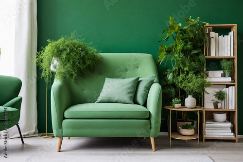  Green sofa and chair against a green wall 