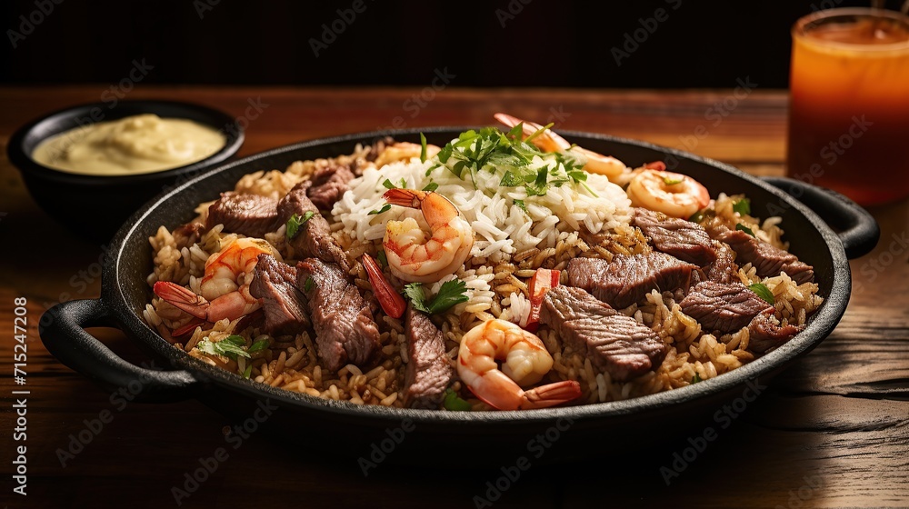 Fototapeta premium Appetizing fried rice with beef and shrimp