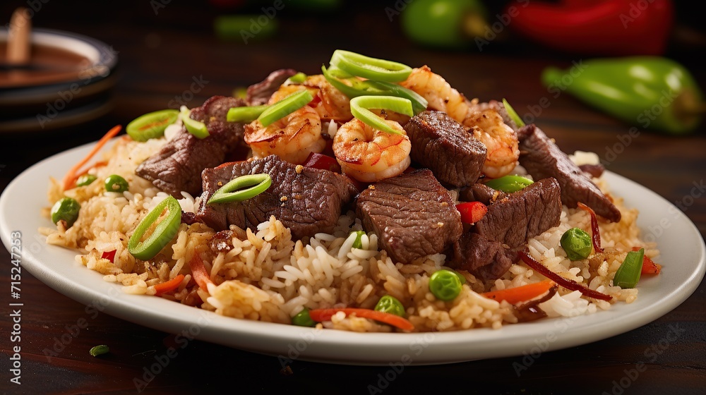 Appetizing fried rice with beef and shrimp