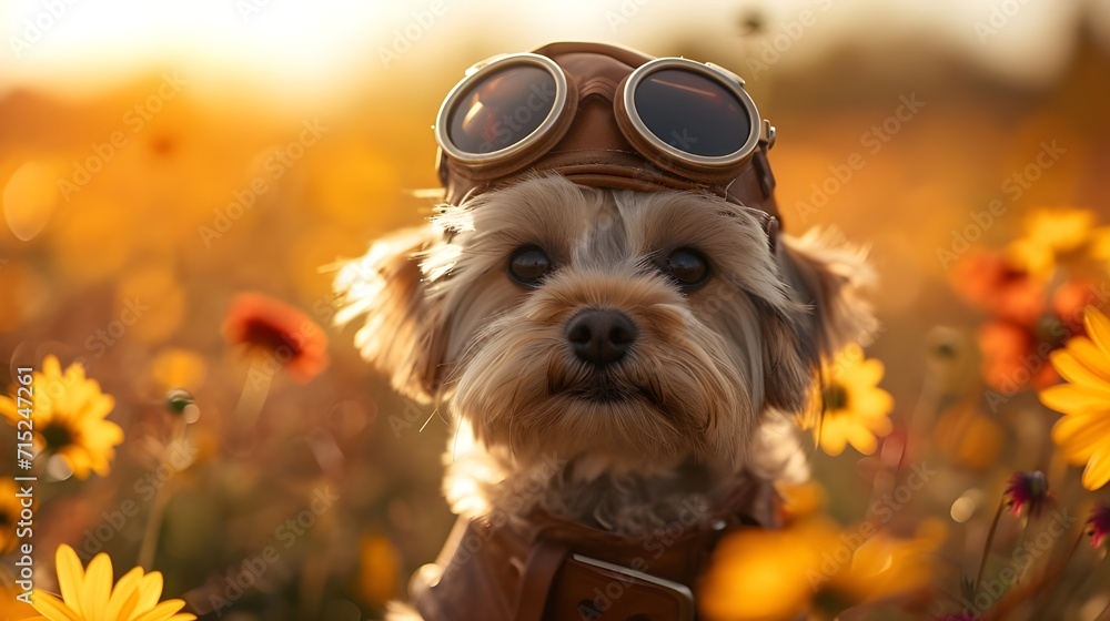 Adorable dog is wearing vintage aviator sunglasses, cute puppy in