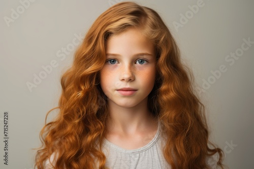 Portrait of a cute little girl with long curly red hair.