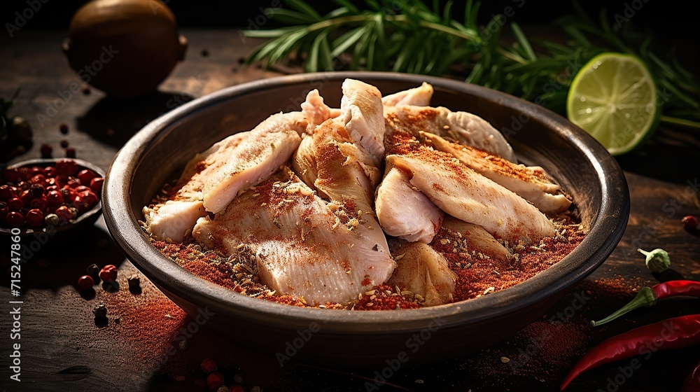 Chicken slices with spices in a bowl on the table Chicken slices with spices in a bowl on the table
