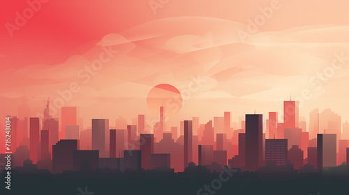 An illustration of a clean, minimal cityscape, buildings reduced to geometric against a dusky sky