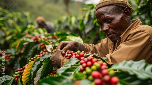 African farmer working in his Tanzanian coffee field with a big copy space, Generative AI. © Grandpas