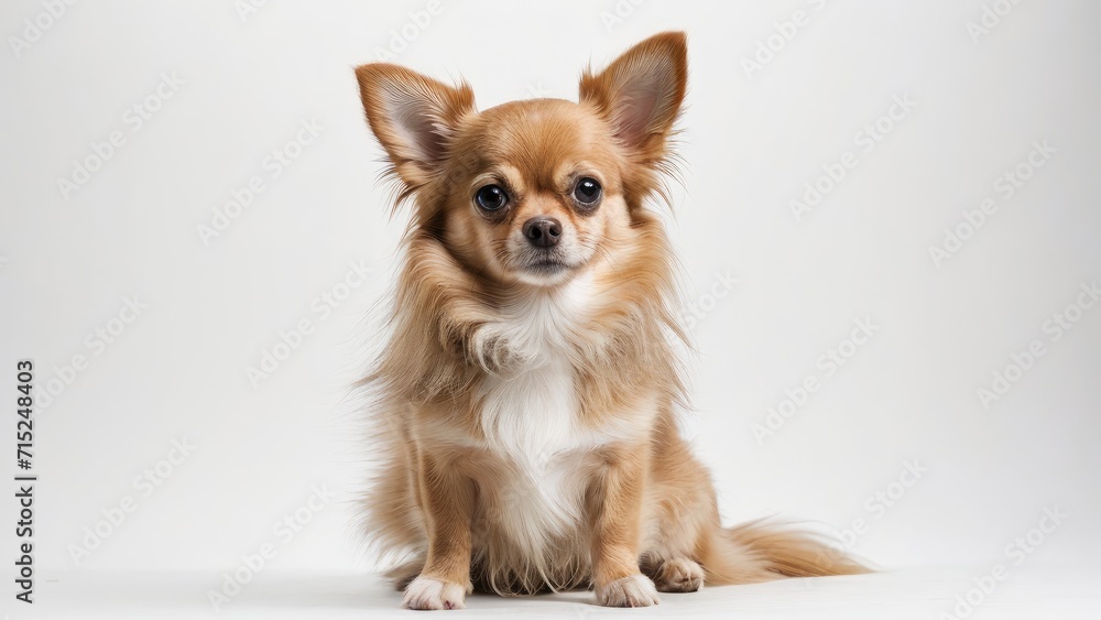 Fawn long coat chihuahua dog on grey background Fawn long coat chihuahua dog on grey background