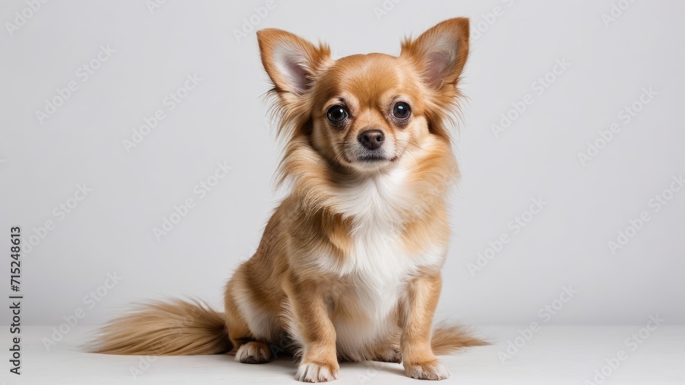 Fawn long coat chihuahua dog on grey background