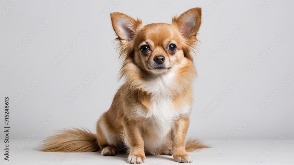 Fawn long coat chihuahua dog on grey background Fawn long coat chihuahua dog on grey background