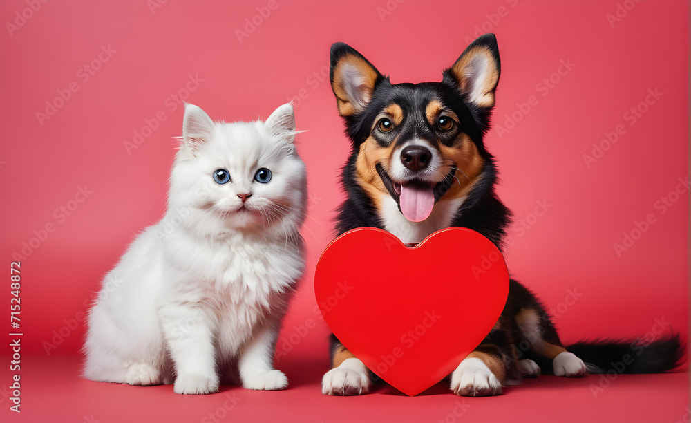 Friendly dog and cat with heart, Valentine's Day, Christmas. Generative AI