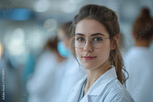 In a modern Medical Science Lab, a young woman scientist dons a white coat and glasses, epitomizing brilliance. Surrounded by a dedicated team, she embodies innovation and expertise.