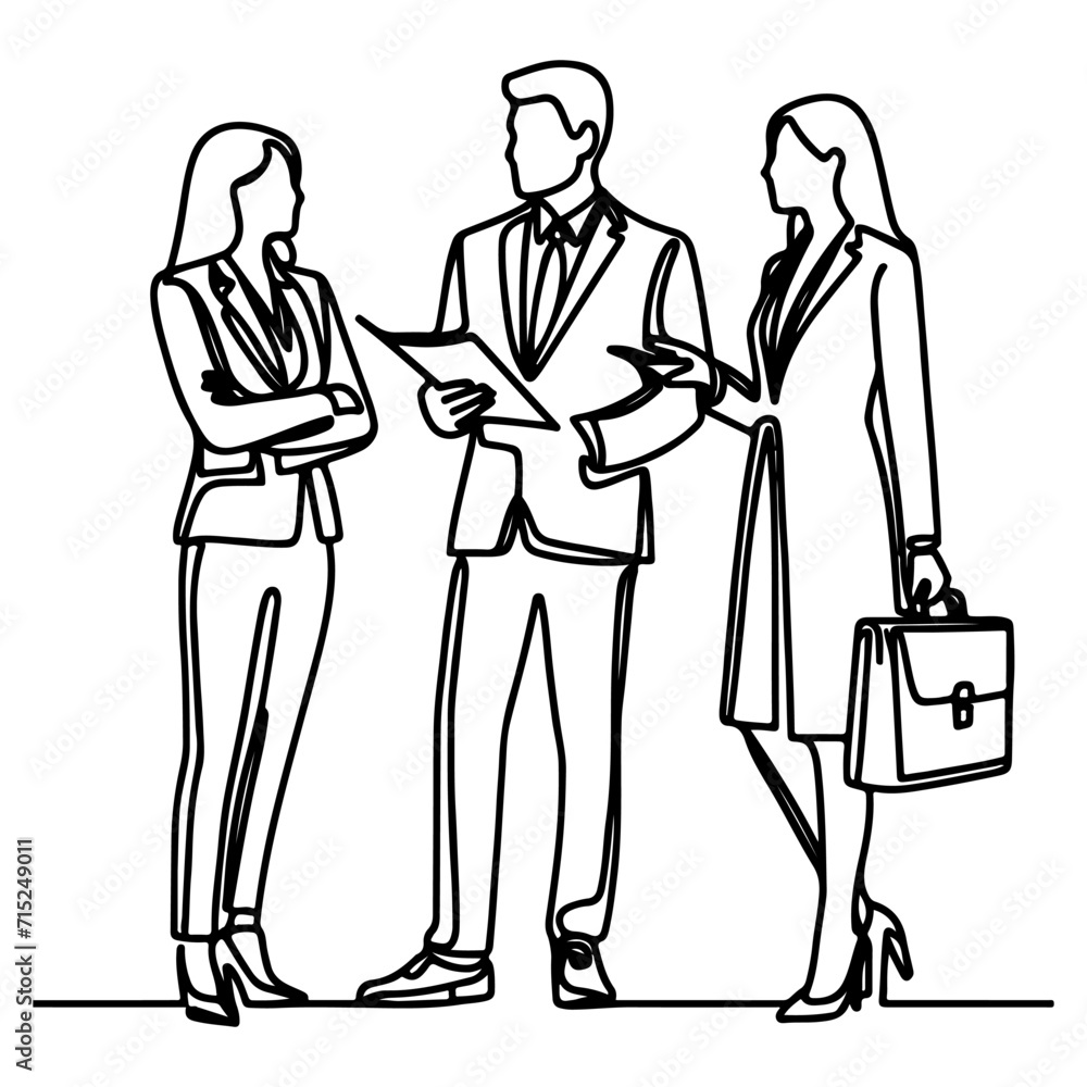 Business discussion of man and woman standing talking about document and holding document. continuous one line art drawing of business meeting with handshake Business discussion of man and woman standing talking about document and holding document. continuous one line art drawing of business meeting with handshake