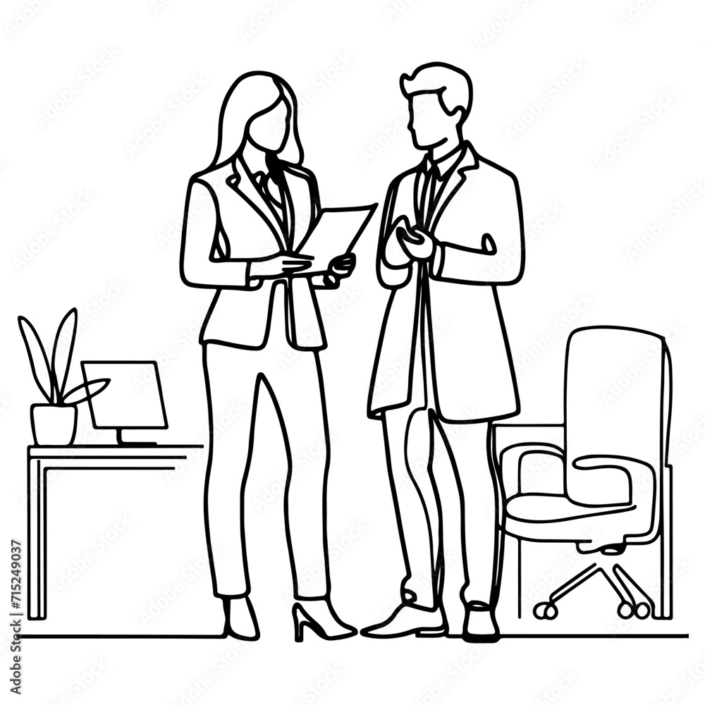 Business discussion of man and woman standing talking about document and holding document. continuous one line art drawing of business meeting with handshake Business discussion of man and woman standing talking about document and holding document. continuous one line art drawing of business meeting with handshake