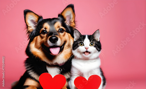 Friendly dog and cat with heart, Valentine's Day, Christmas. Generative AI © 냥냥냥 난