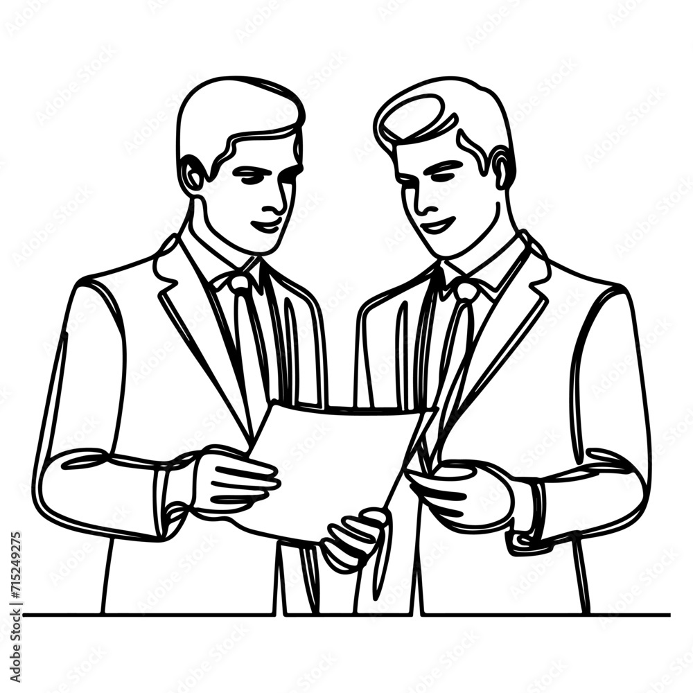 Fototapeta premium Business discussion of man and woman standing talking about document and holding document. continuous one line art drawing of business meeting with handshake