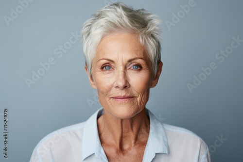 Thoughtful mature woman looking at camera. Portrait of beautiful senior woman looking at camera and smiling while standing against grey background