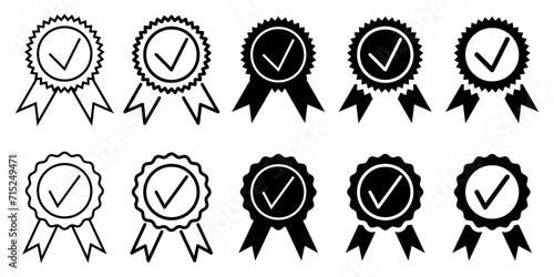 icon set of approved or certified medals. quality symbols, line vectors and silhouettes isolated on white background. design for applications, web, certificates, brochures, posters. photo