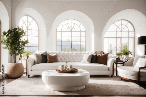 Interior home design of living room with white sofa and wooden stamp table near arch window