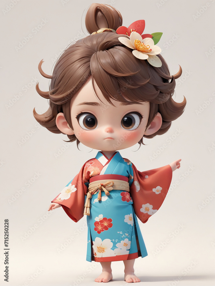 Cute little boy wearing a typical Japanese kimono on a white background. 3d rendering