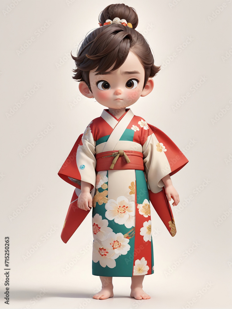 Cute little boy wearing a typical Japanese kimono on a white background. 3d rendering