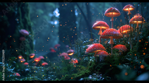 Mushrooms glowing amidst a lush forest create a magical, fairy-tale-like scene, with sparkling bioluminescence under the serene twilight, showcasing nature's vibrant fantasy in this AI Generative
