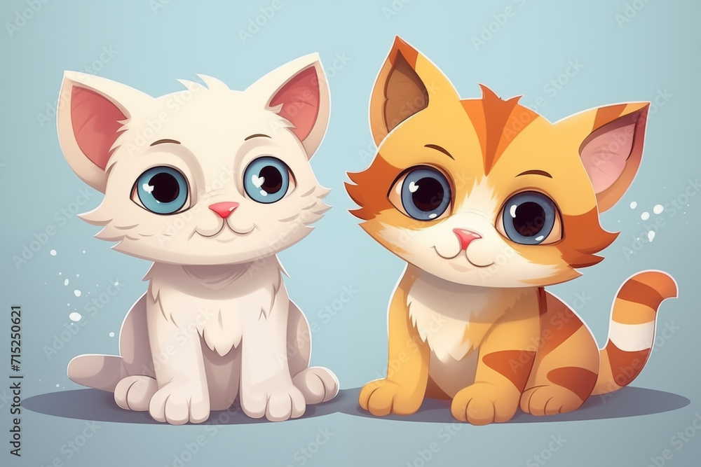Cute two kittens sitting and smiling, cartoon style illustration. Generate Ai