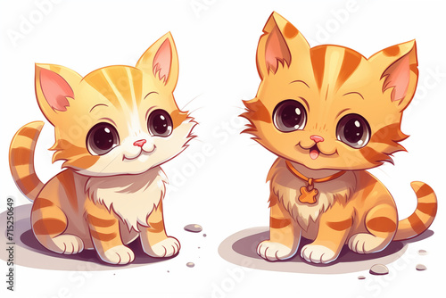 Cute two kittens sitting and smiling  cartoon style illustration. Generate Ai