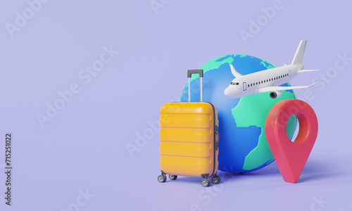Travel and tourism concept. luggage with world and plane icon. Trip planning, Trips and flights abroad, Travel to World, Aircraft trip, vacation, Time to travel, holiday. 3d render illustration