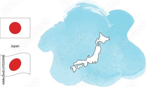 日本の国旗、揺れる国旗、水彩絵の具で描いた海の背景とシンプルな地図のベクターイラスト