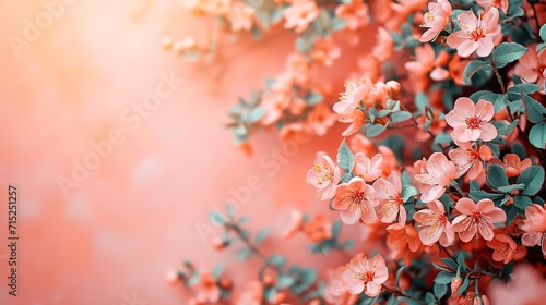 Cherry blossoms in pastel pink with branches and leaves on a hazy backdrop of empty space, Generative AI.
