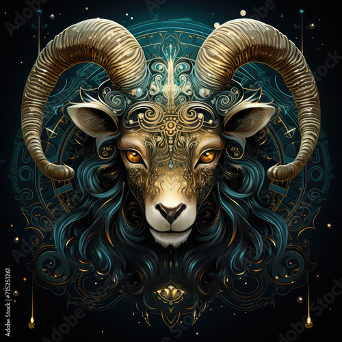 Capricorn goat head in the form of a cosmic symbol. Deep gold and teal Detailed face, mirror, dark and complex, heavenly, Velvia, black background, sticker design, emblem.