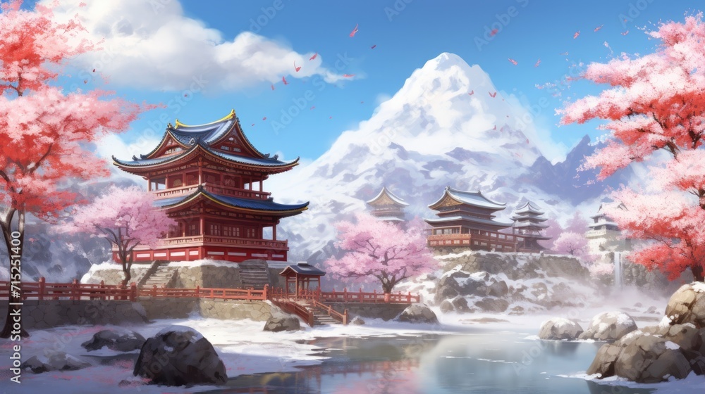 Serene Japanese temple with cherry blossoms and snow-capped mountains. Tranquil nature and architecture.